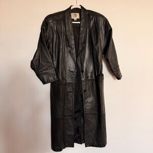 LNR Vintage Leather Long Black Coat - Women's Classic Button Front